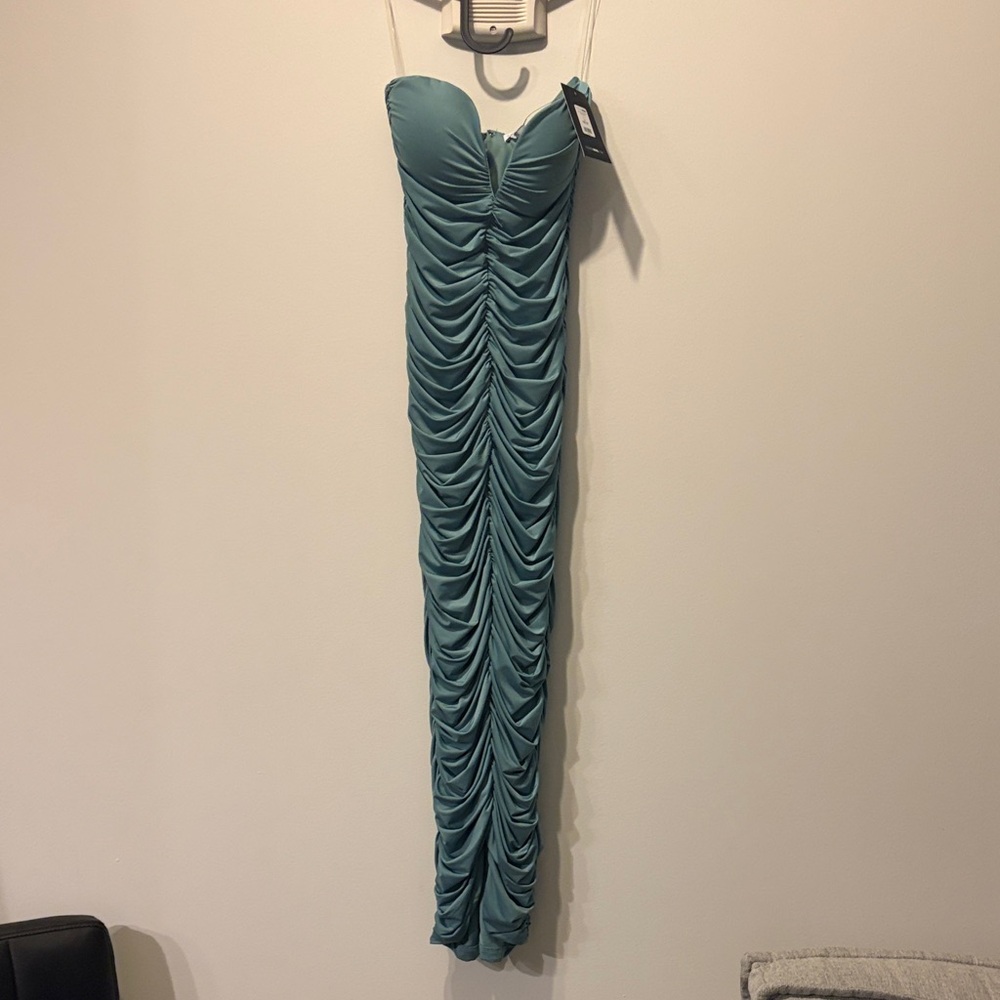 Fashion Nova Strapless Ruched Dress in Teal